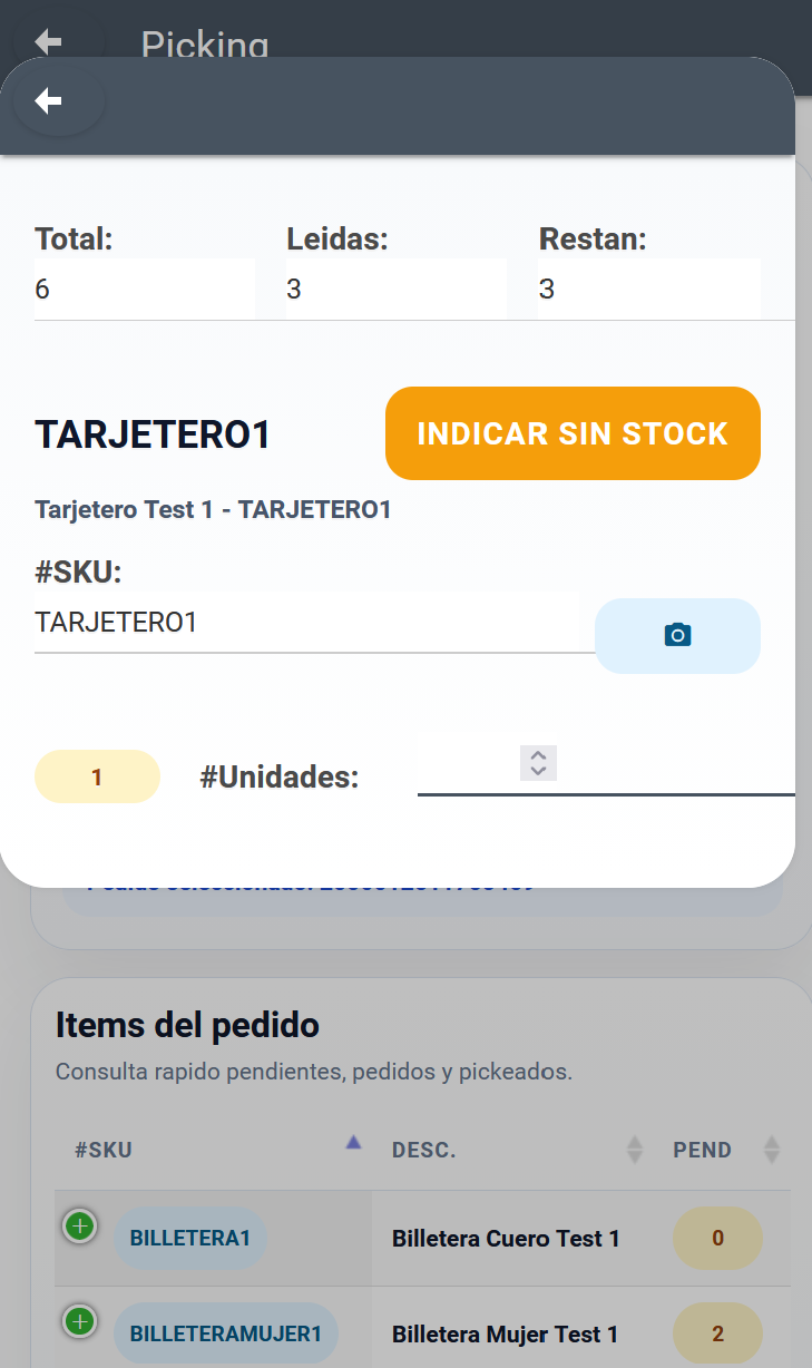 Pantalla mobile de picking con escaneo